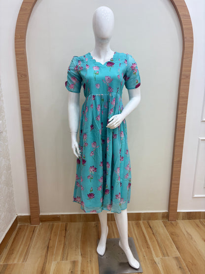 Aqua Blue Lotus Floral Print Feeding Maxi