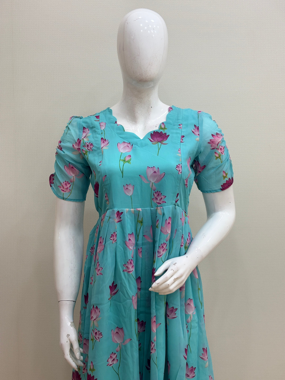 Aqua Blue Lotus Floral Print Feeding Maxi