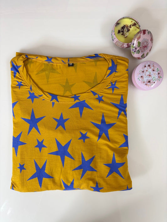 Modal Fabric Mustard Blue Star Printed Maternity Maxi