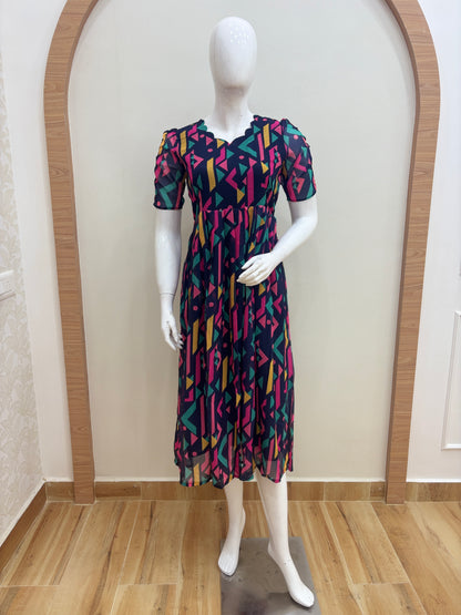 Navy Blue Geometric Abstract Print Non-Feeding Maxi