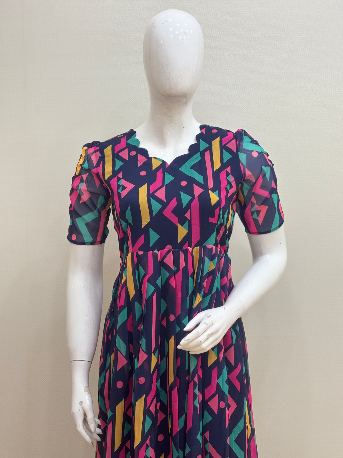 Navy Blue Geometric Abstract Print Non-Feeding Maxi