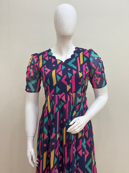Navy Blue Geometric Abstract Print Non-Feeding Maxi