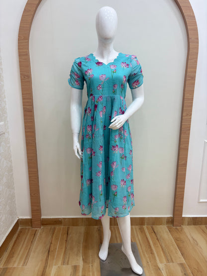 Aqua Blue Lotus Floral Print Non-Feeding Maxi