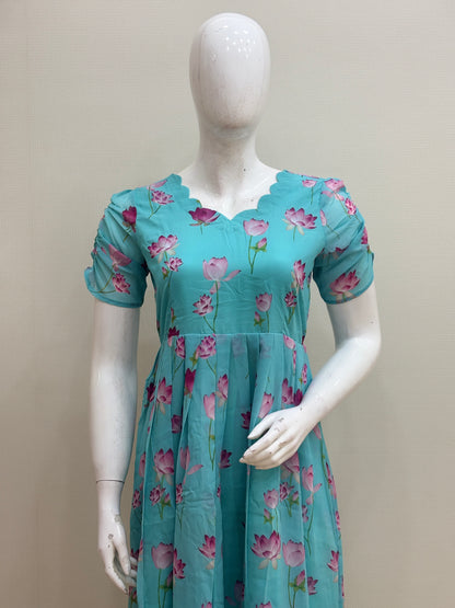 Aqua Blue Lotus Floral Print Non-Feeding Maxi