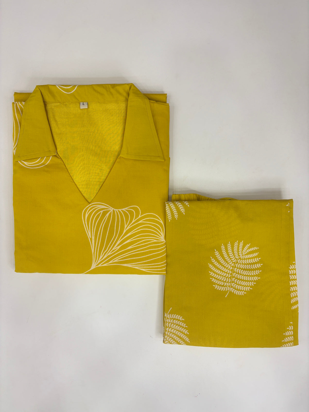 Mustard Yellow Abstract Leaf Print Kurti Set