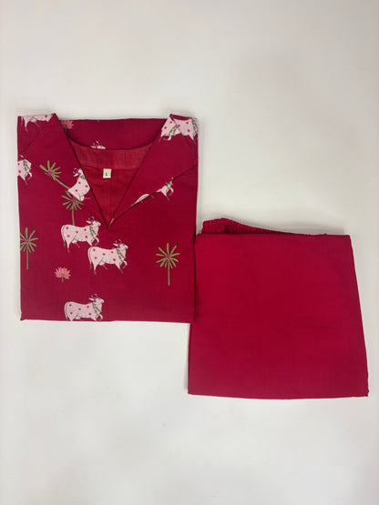 Wine Red Cow Print Kurti Set