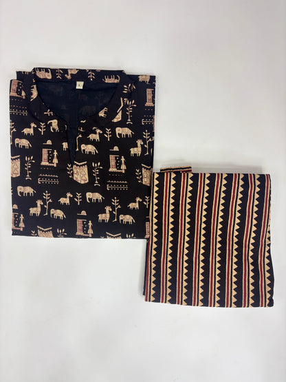 Black Tribal Animal Print Kurti Set