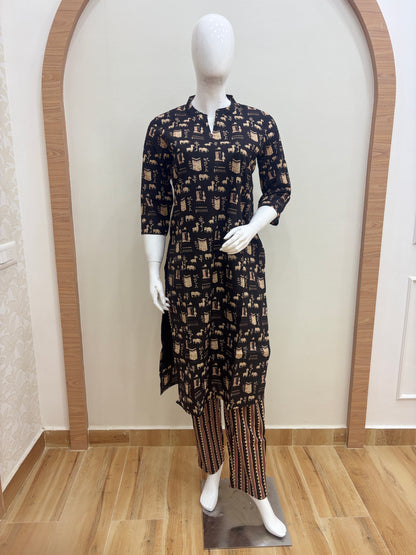 Black Tribal Animal Print Kurti Set
