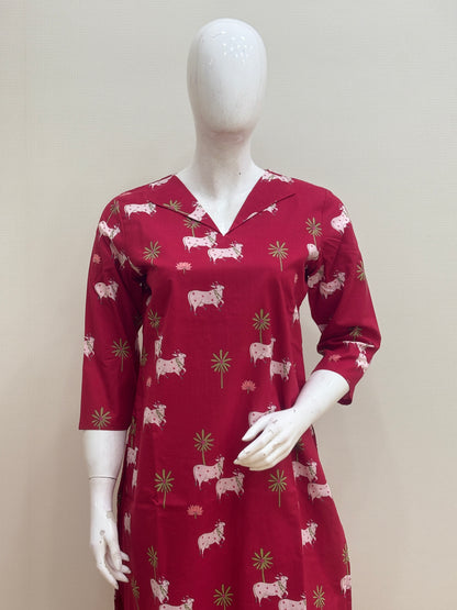 Wine Red Cow Print Kurti Set