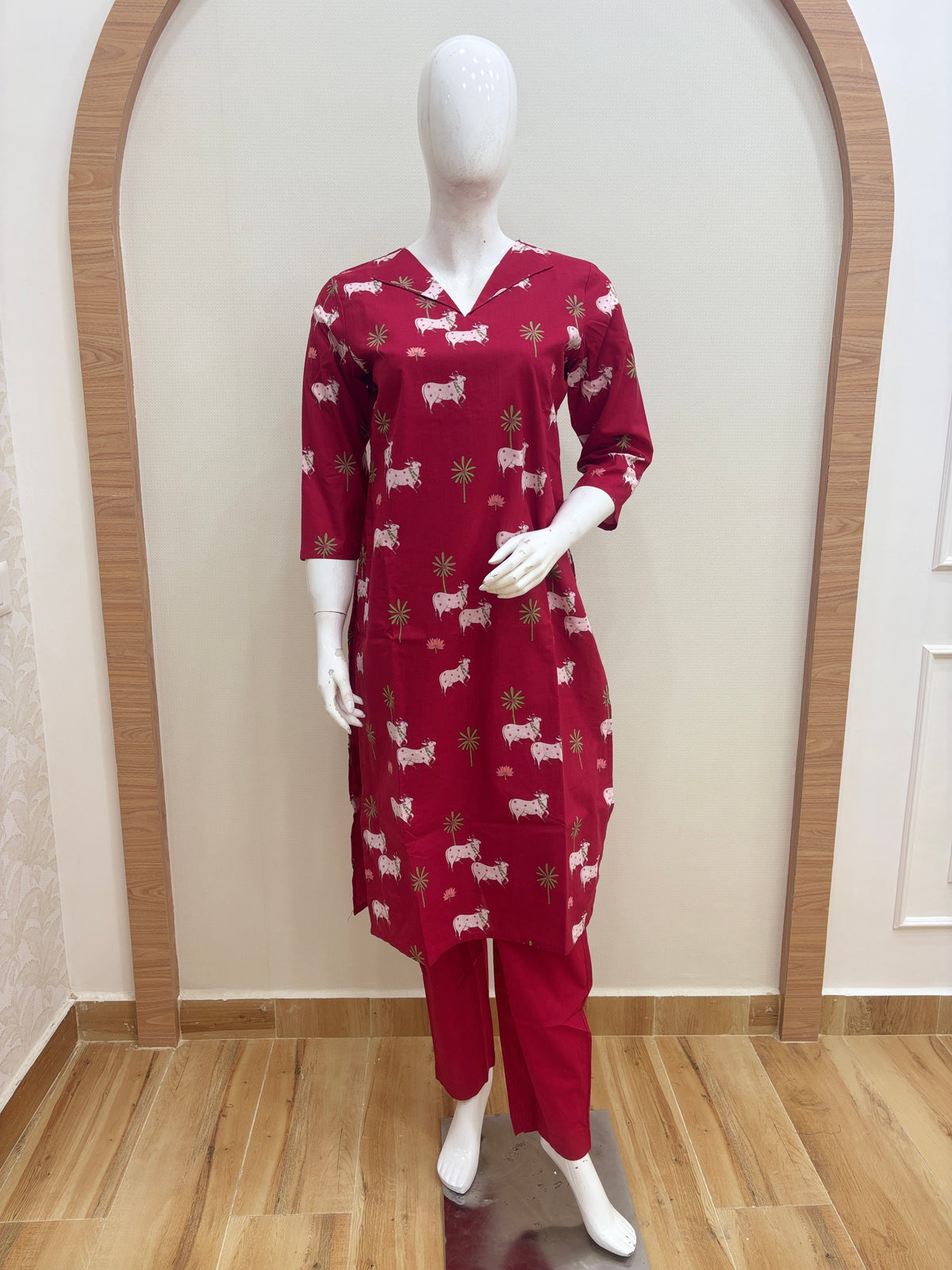 Wine Red Cow Print Kurti Set