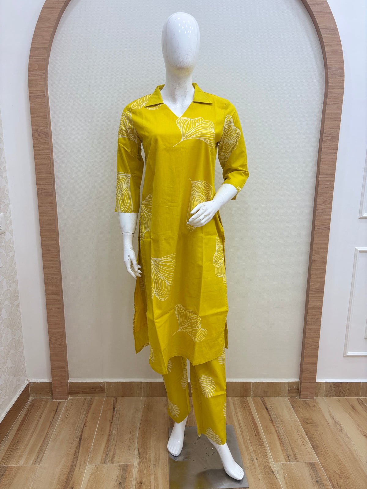 Mustard Yellow Abstract Leaf Print Kurti Set