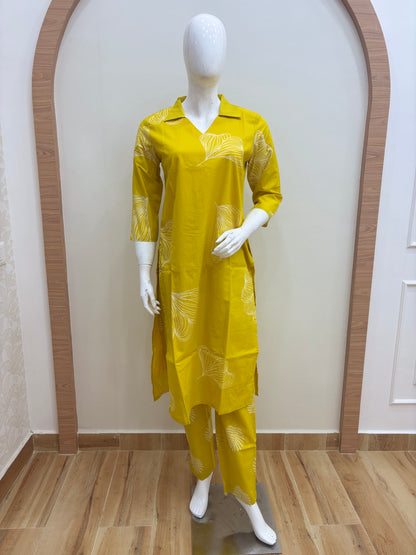 Mustard Yellow Abstract Leaf Print Kurti Set