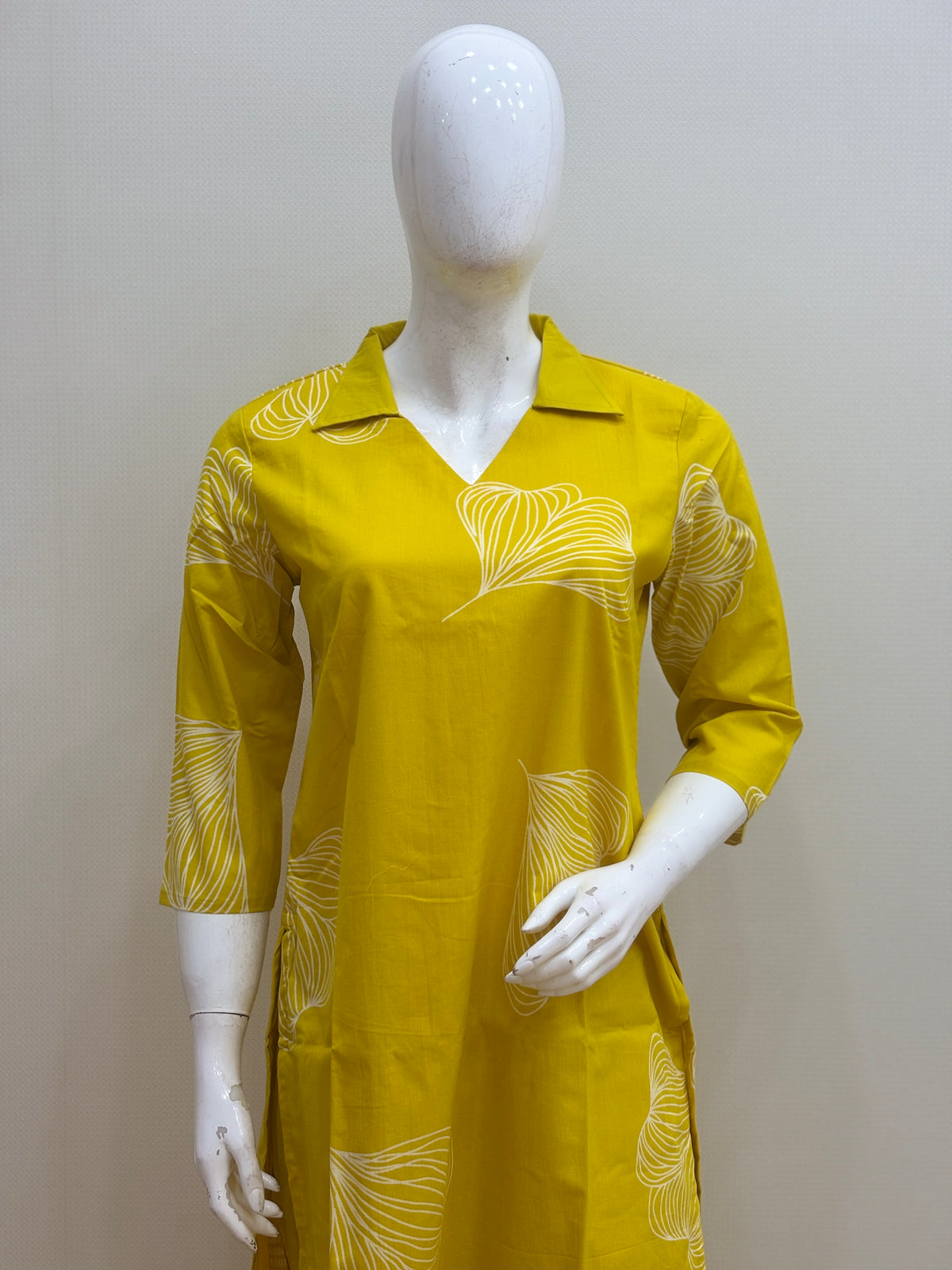 Mustard Yellow Abstract Leaf Print Kurti Set