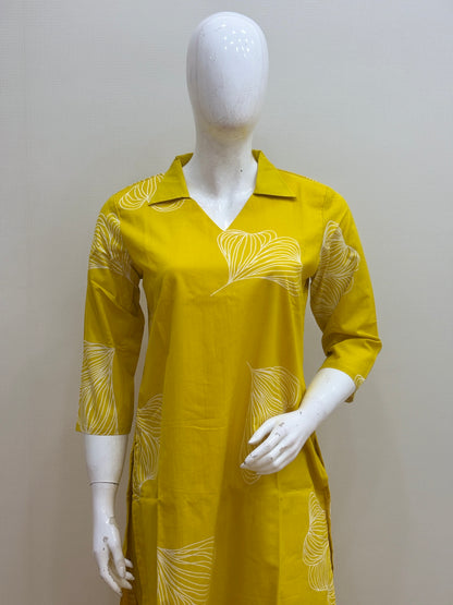 Mustard Yellow Abstract Leaf Print Kurti Set