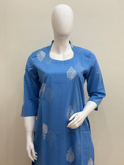 Royal Blue Leaf Motif Kurti Set
