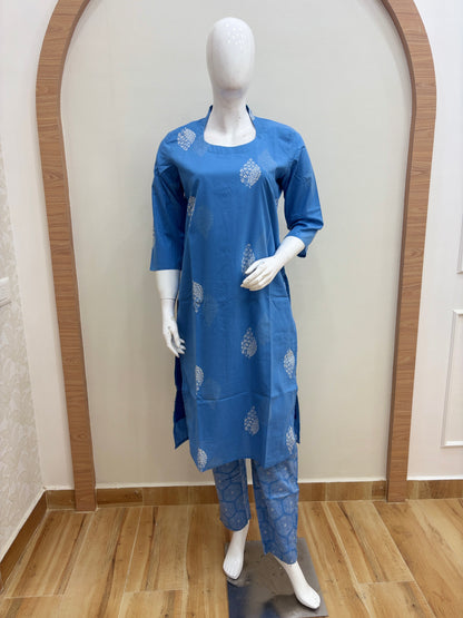 Royal Blue Leaf Motif Kurti Set