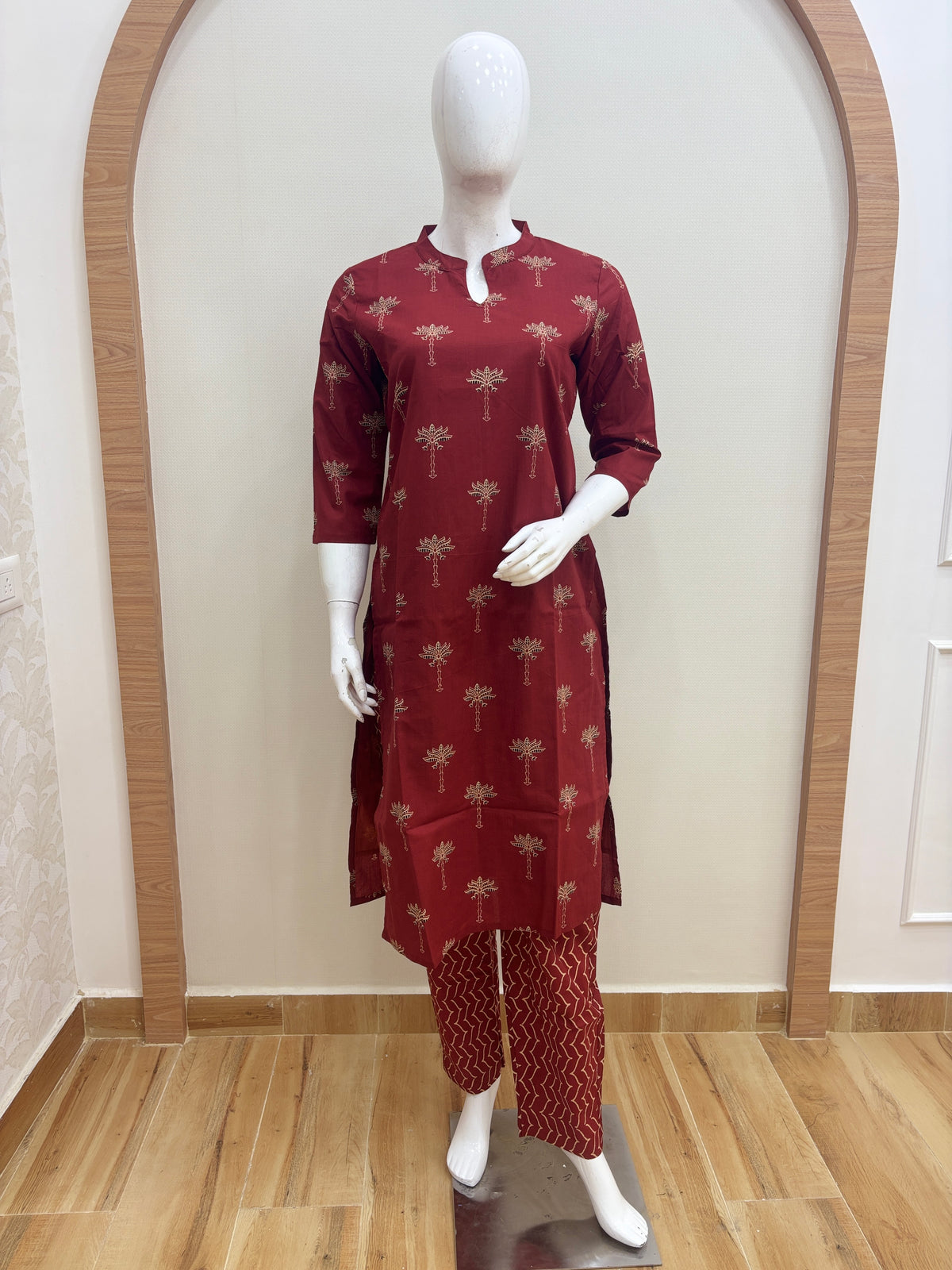 Maroon Golden Floral Kurti Set