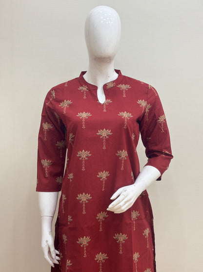 Maroon Golden Floral Kurti Set