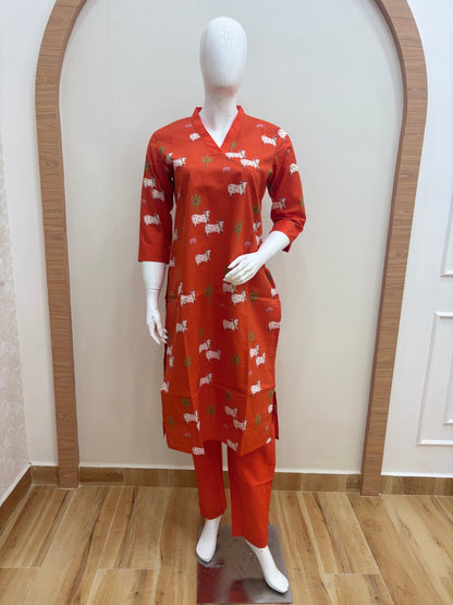 Coral Red Cow Print Kurti Set