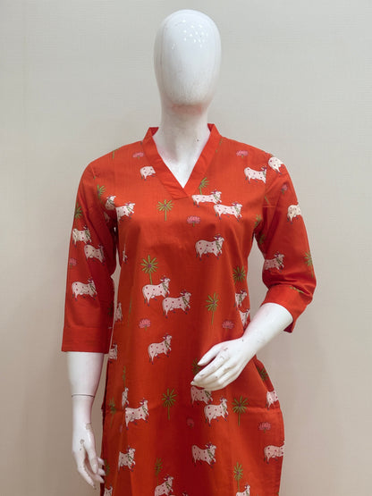 Coral Red Cow Print Kurti Set
