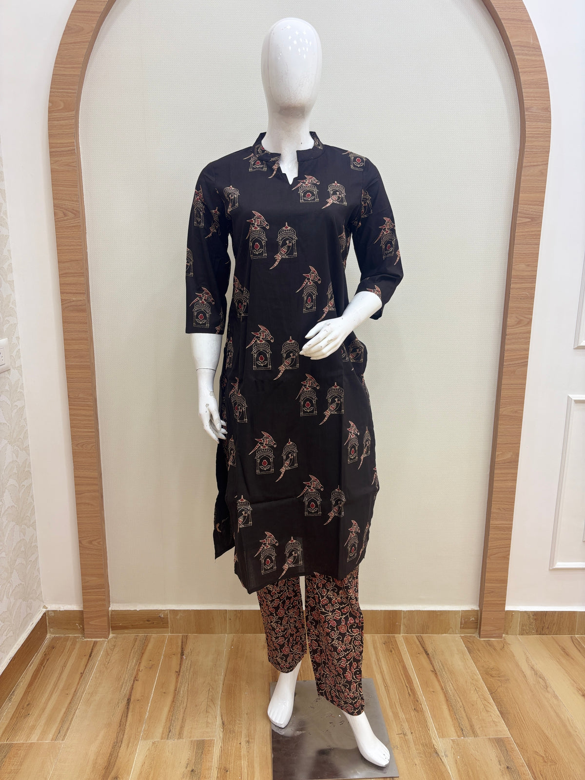 Black Birdcage Parrot  Print Kurti Set