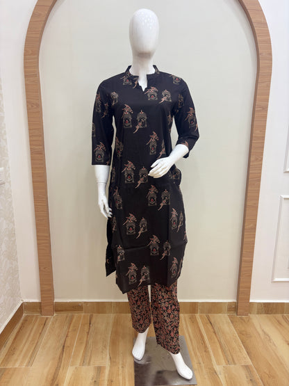 Black Birdcage Parrot  Print Kurti Set