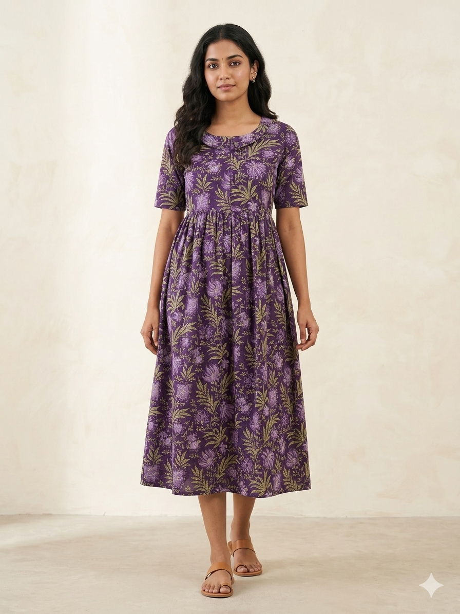 Purple Floral Print Cotton Maxi