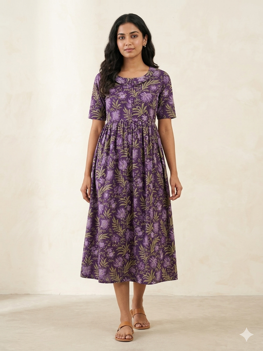 Purple Floral Print Cotton Maxi