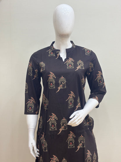 Black Birdcage Parrot  Print Kurti Set