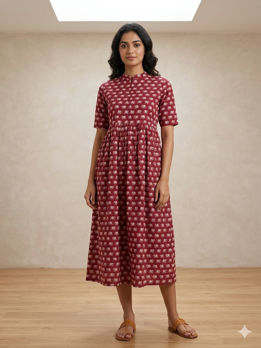 Maroon Elephant Print Cotton Maxi
