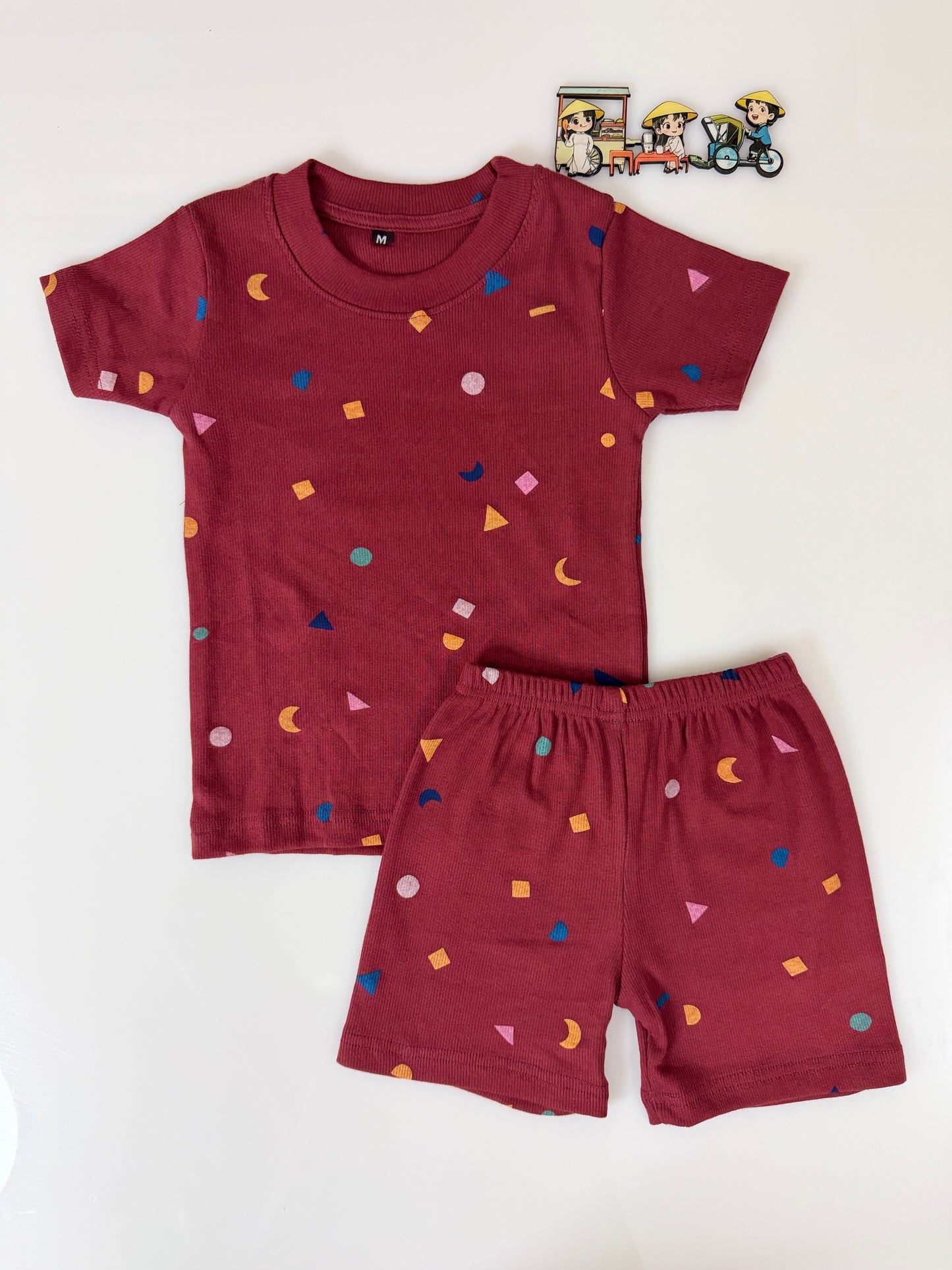 Maroon Multicolor Geometric Printed Kids T-Shirt and Shorts Coords