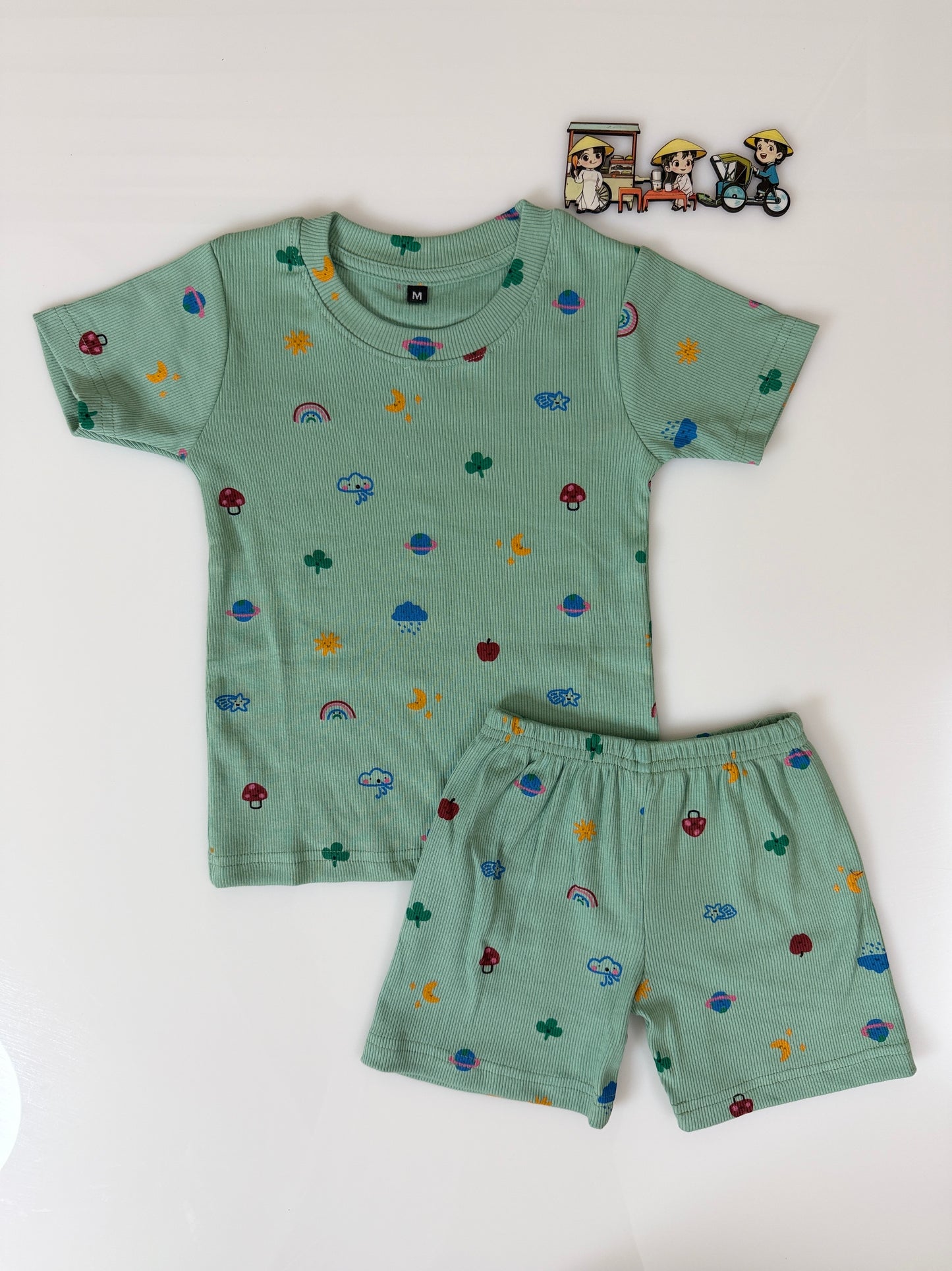Mint Green Multicolor Cute Icons Printed Kids T-Shirt and Shorts Coords