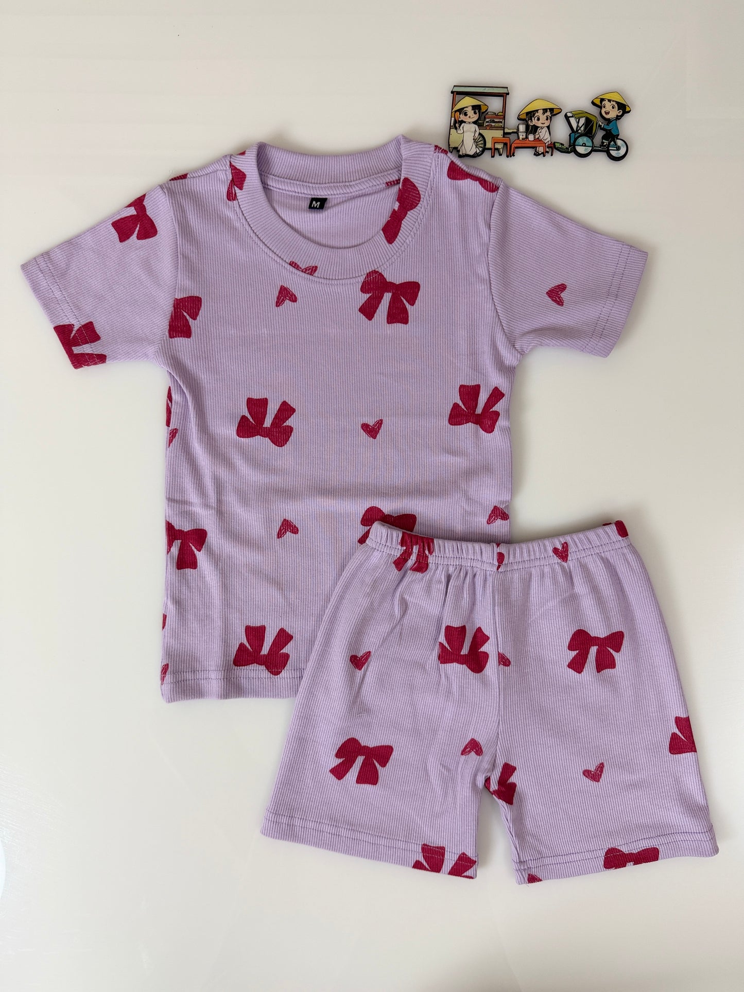 Lilac Red Bow Printed Kids T-Shirt and Shorts Coords