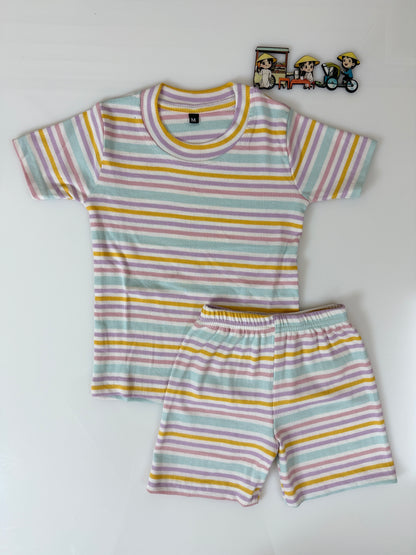 Pastel Multicolor Striped Kids T-Shirt and Shorts Coords