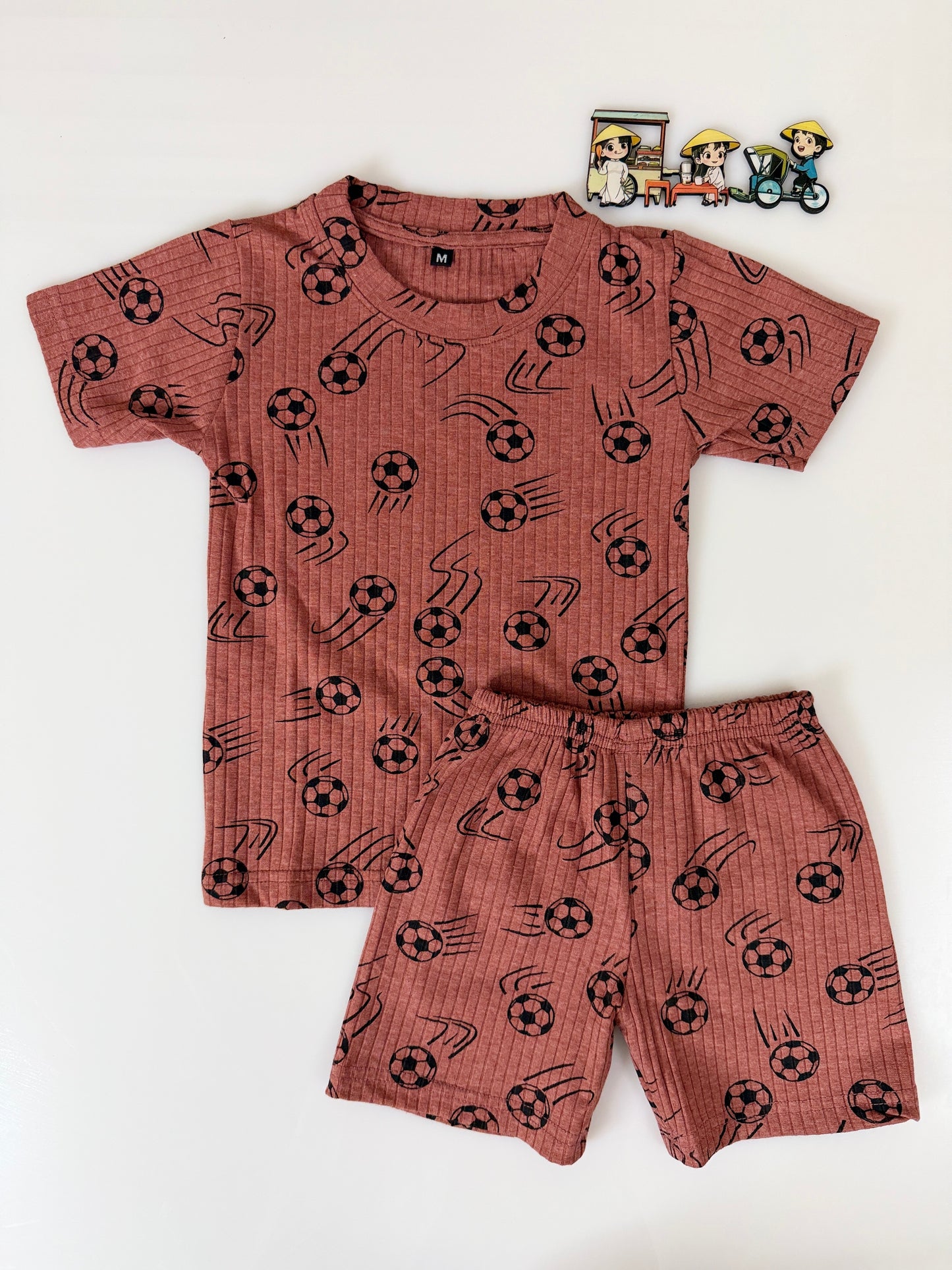 Rust Brown Black Football Printed Kids T-Shirt and Shorts Coords