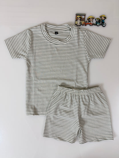 Sage Green White Striped Kids T-Shirt and Shorts Coords