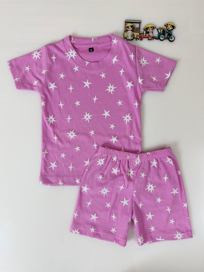 Pink White Star Printed Kids T-Shirt and Shorts Coords