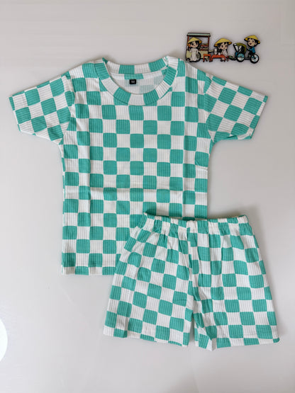 Mint Green White Checkered Kids T-Shirt and Shorts Coords