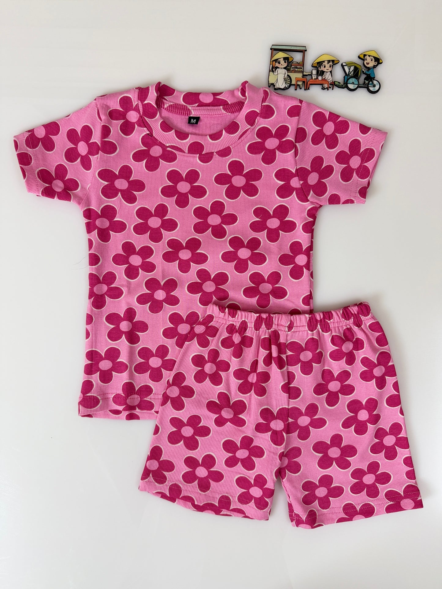 Pink Dark Pink Floral Printed Kids T-Shirt and Shorts Coords
