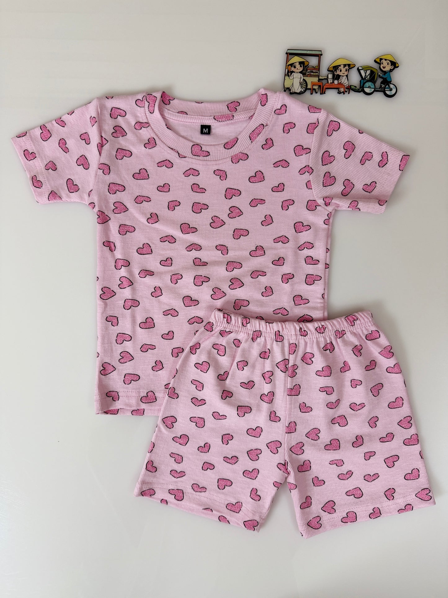 Baby Pink Heart Printed Kids T-Shirt and Shorts Coords