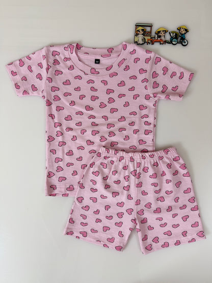 Baby Pink Heart Printed Kids T-Shirt and Shorts Coords