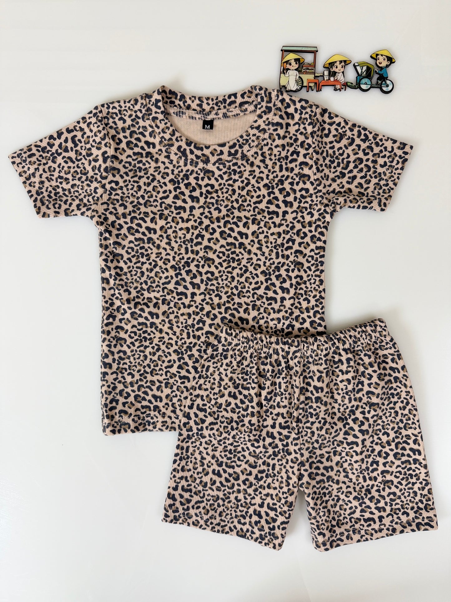 Beige Black Leopard Printed Kids T-Shirt and Shorts Coords