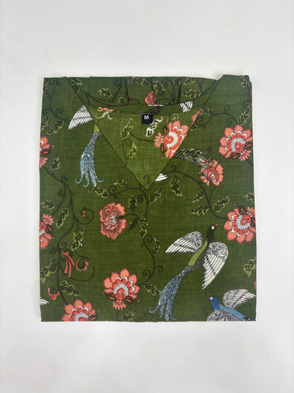 Olive Green Floral Bird Print Feeding Kurti Top