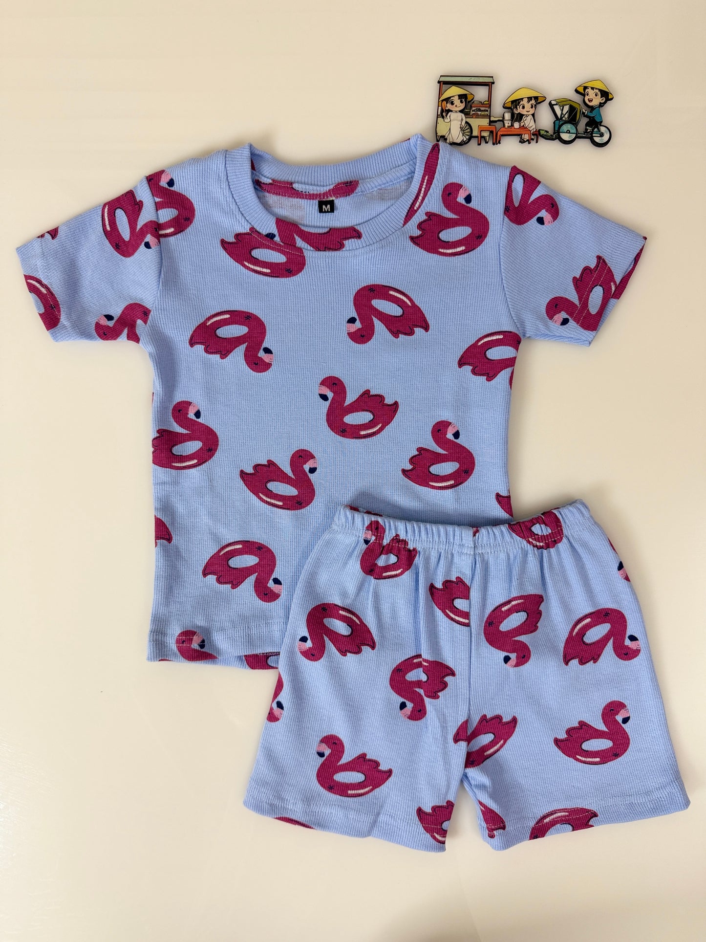 Sky Blue Pink Flamingo Printed Kids T-Shirt and Shorts Coords