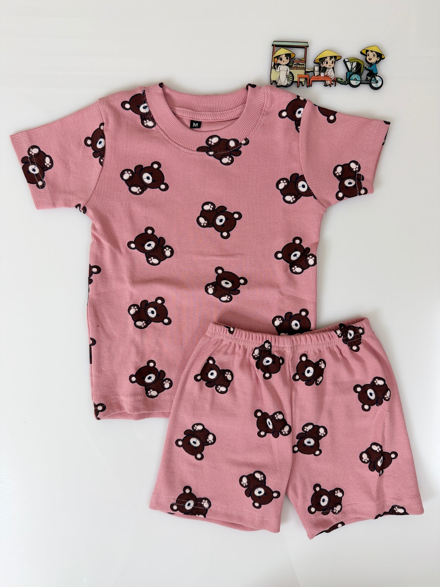 Pink Brown Teddy Printed Kids T-Shirt and Shorts Coords