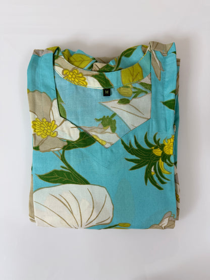 Floral Print Sky Blue Outdoor Wear Frock