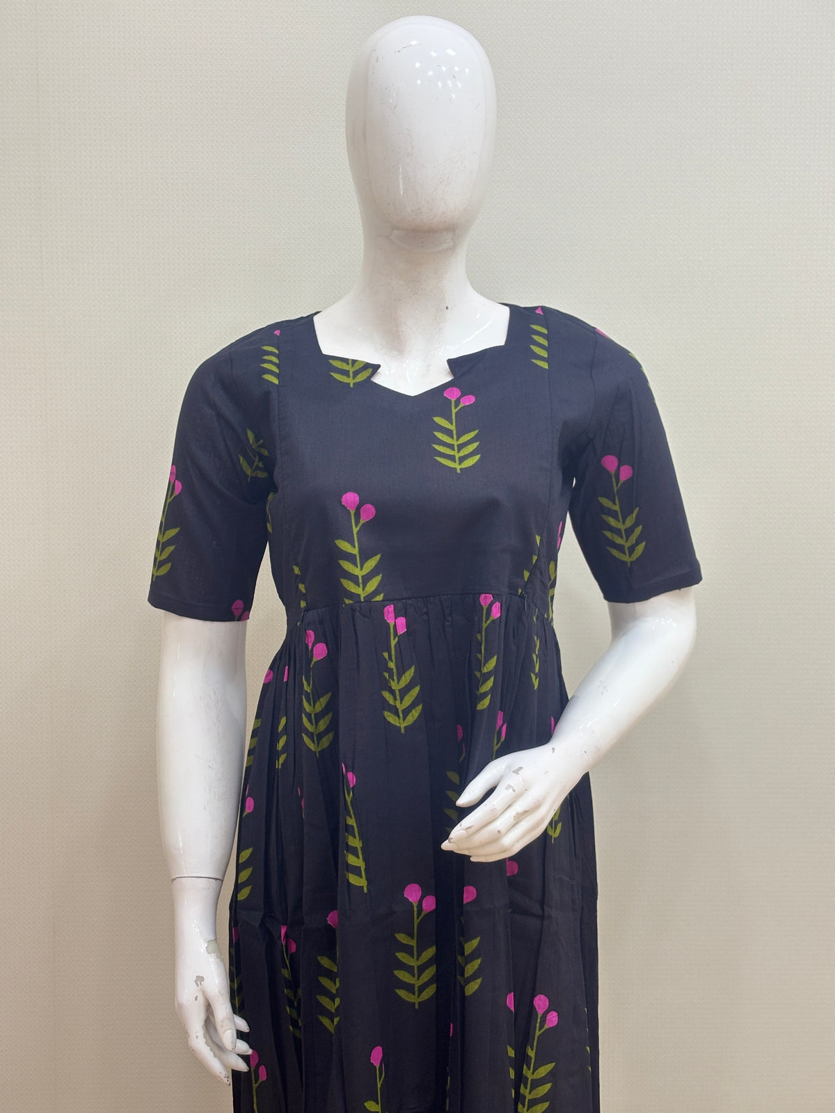 Navy Blue Leaf & Berry Print Feeding Maxi