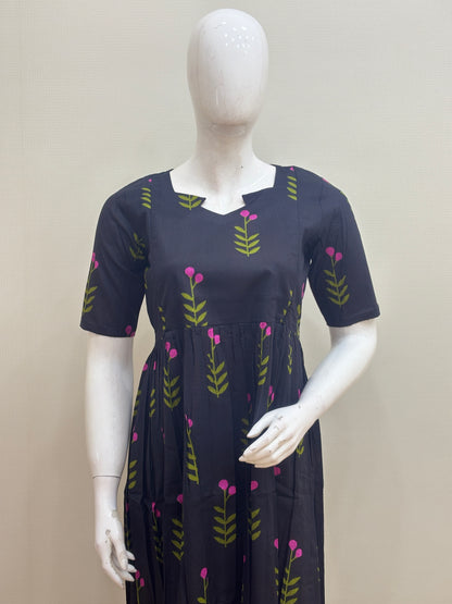 Navy Blue Leaf & Berry Print Feeding Maxi