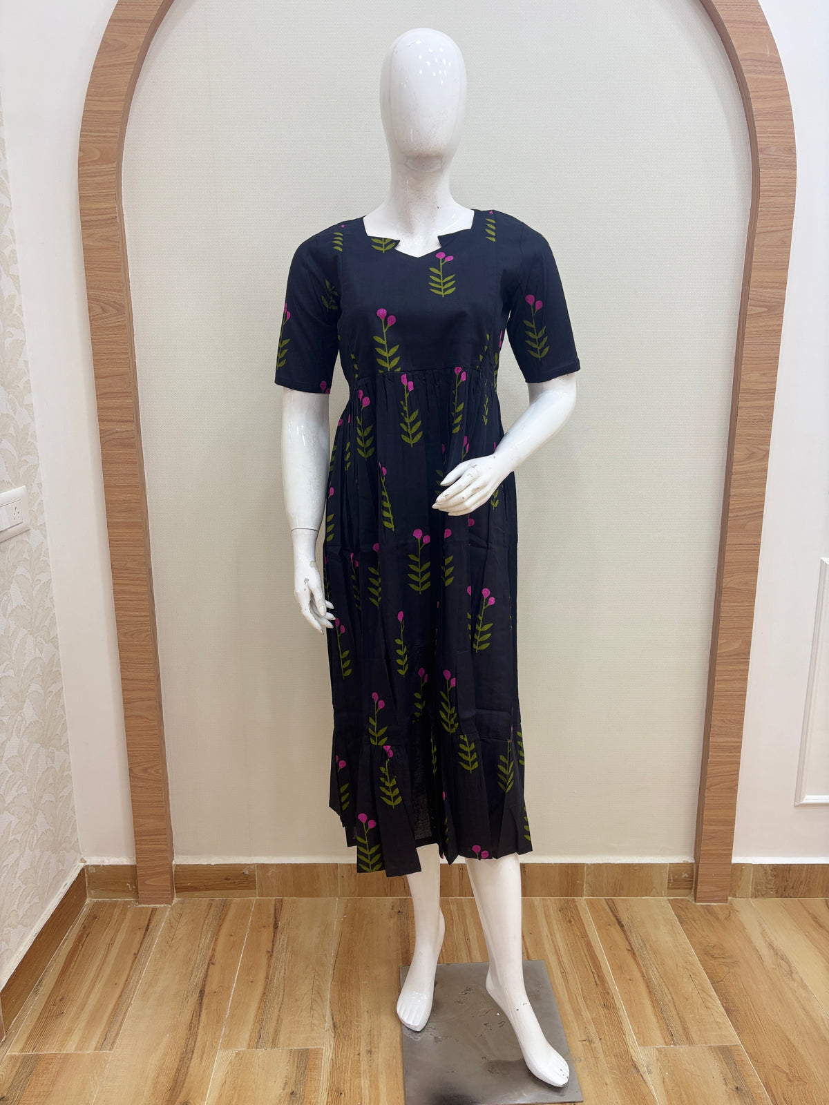 Navy Blue Leaf & Berry Print Feeding Maxi