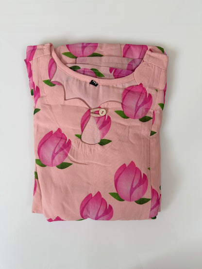 Peach Pink Tulip Printed Georgette Feeding Maxi